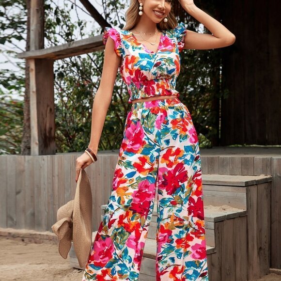 Multicolor Preppy Womens Floral Print Top & Wide Leg Pants - Picture 3 of 5